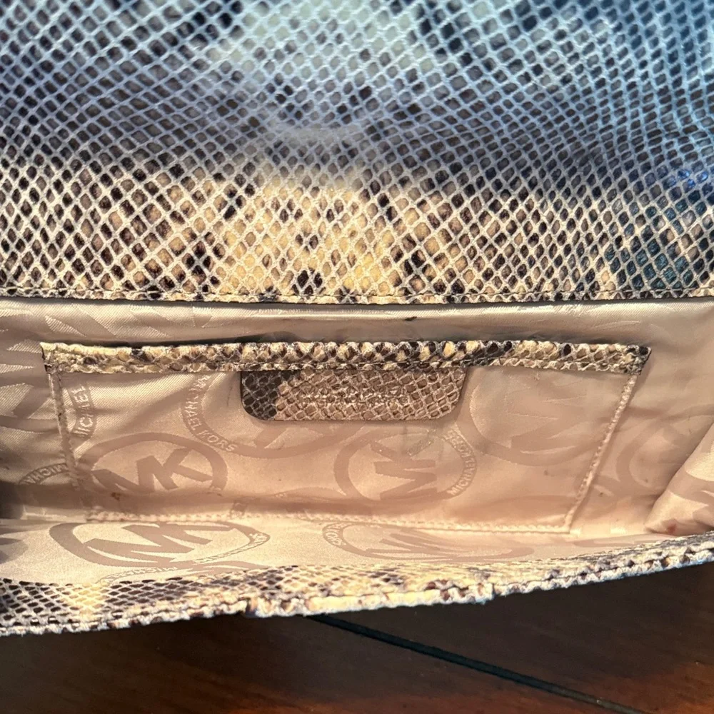 Michael Kors Snakeskin-Print Clutch in Beige and Black with Gold Buckle